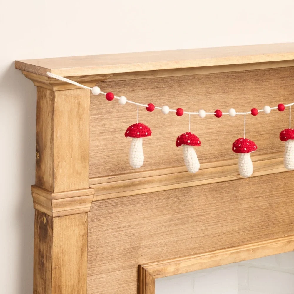 Crotchet Mushroom Felted Wool Ball Garland Red White World Market Home Decor